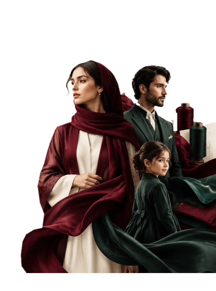 زن، مرد و کودک با پوشاک عنابی و سبز، در برابر طاق‌های ایرانی و طرح‌های دوخت