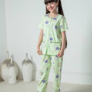 ست دخترانه کت یقه گیپور تمام دکمه و شلوار طرحدار