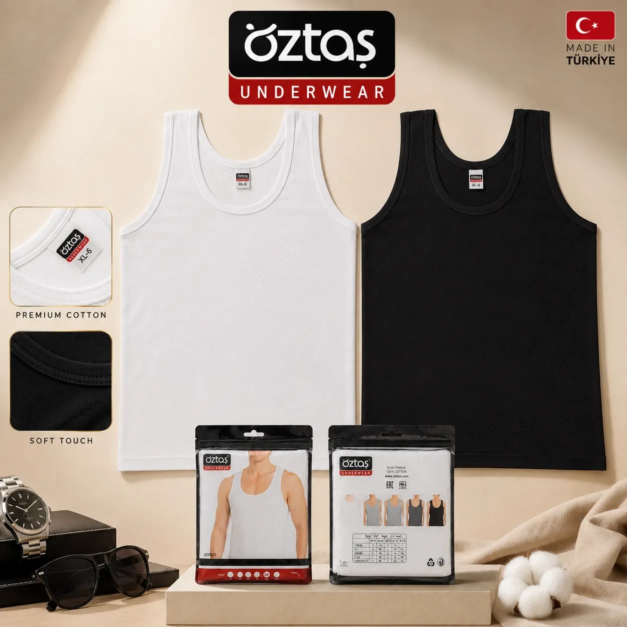 رکابی مردانه نخ پنبه اوزتاش Oztas ترک سایز M تا 2XL
