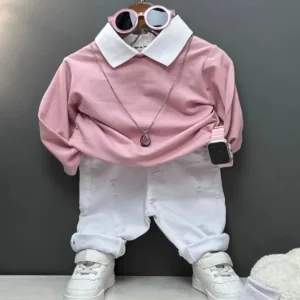 ست بلوز شلوار بچگانه صورتی سفید بهاره کد 1029