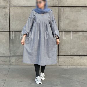 مانتو بلند عروسک چهارخانه طوسی سفید | آستین پفی | برند حانی گلی