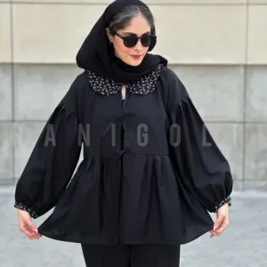 مانتو عروسکی مدل ماهدخت یقه گلدار حانی گلی جلو دکمه خور