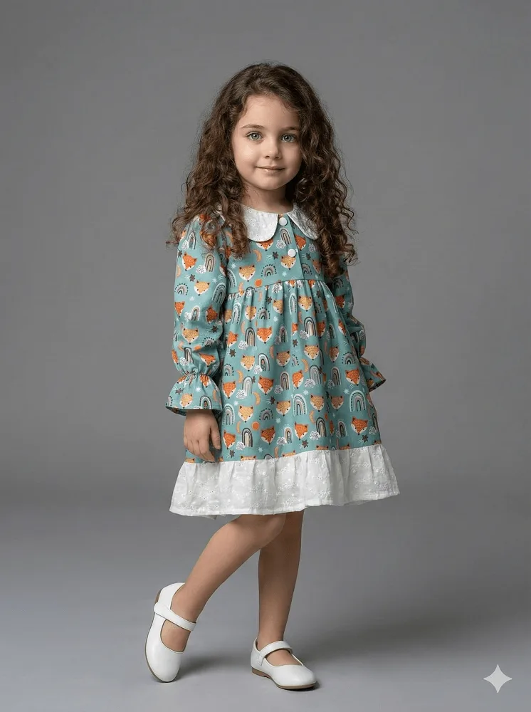 پیراهن بچه گانه دخترانه نخی ترک طرح روباهی برند HG Kids