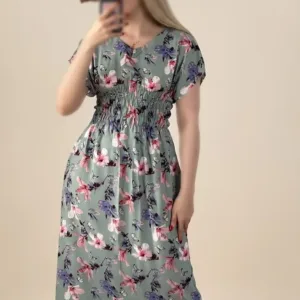 پیراهن زنانه کمر کشدار طوسی گلدار